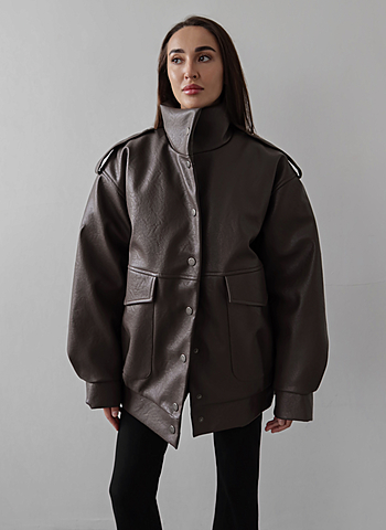 Утепленный бомбер оверсайз из фактурной кожи 023 Коричневый